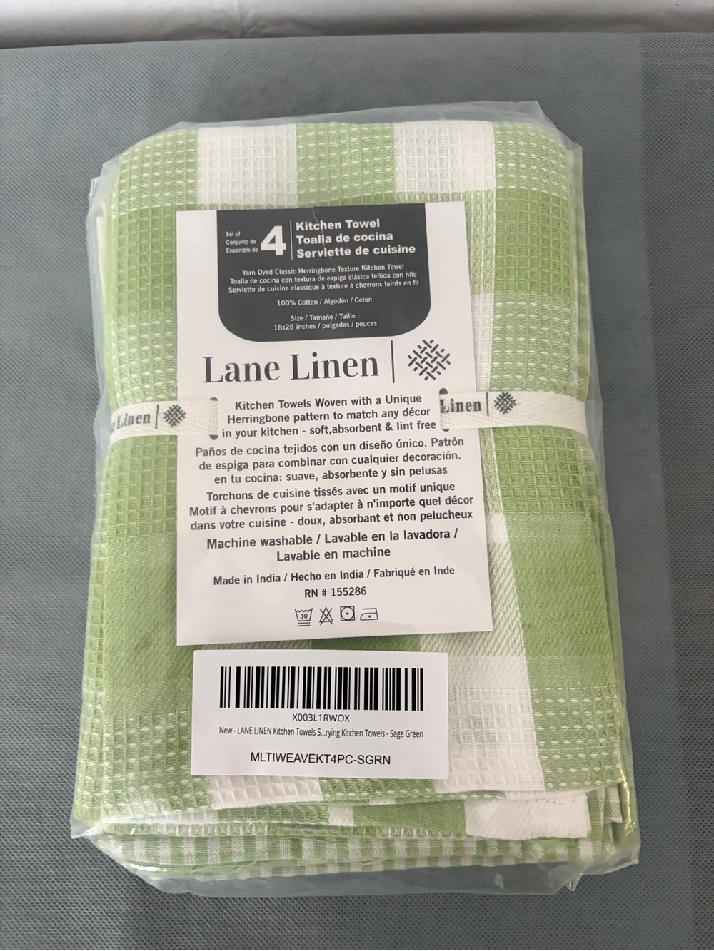 Lane Linen Set of 4 Sage Green Kitchen Towels 100% Cotton New(F197)